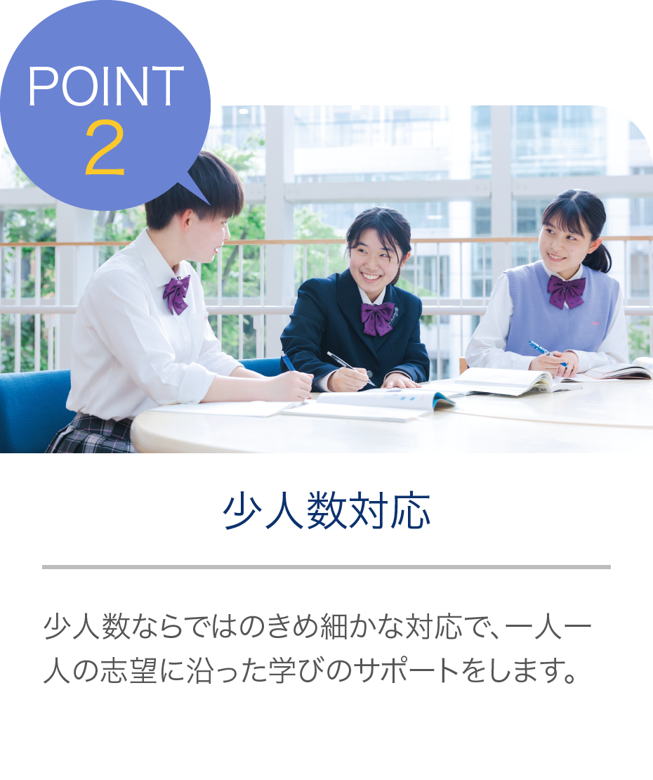 POINT2 少人数対応 少人数ならではのきめ細かな対応で、一人一人の志望に沿った学びのサポートをします。