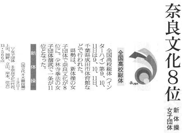 奈良新聞「奈良文化8位新体操女子団体」