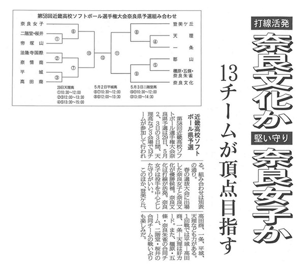 奈良新聞「打線活発奈良文化か　堅い守り奈良女子か」