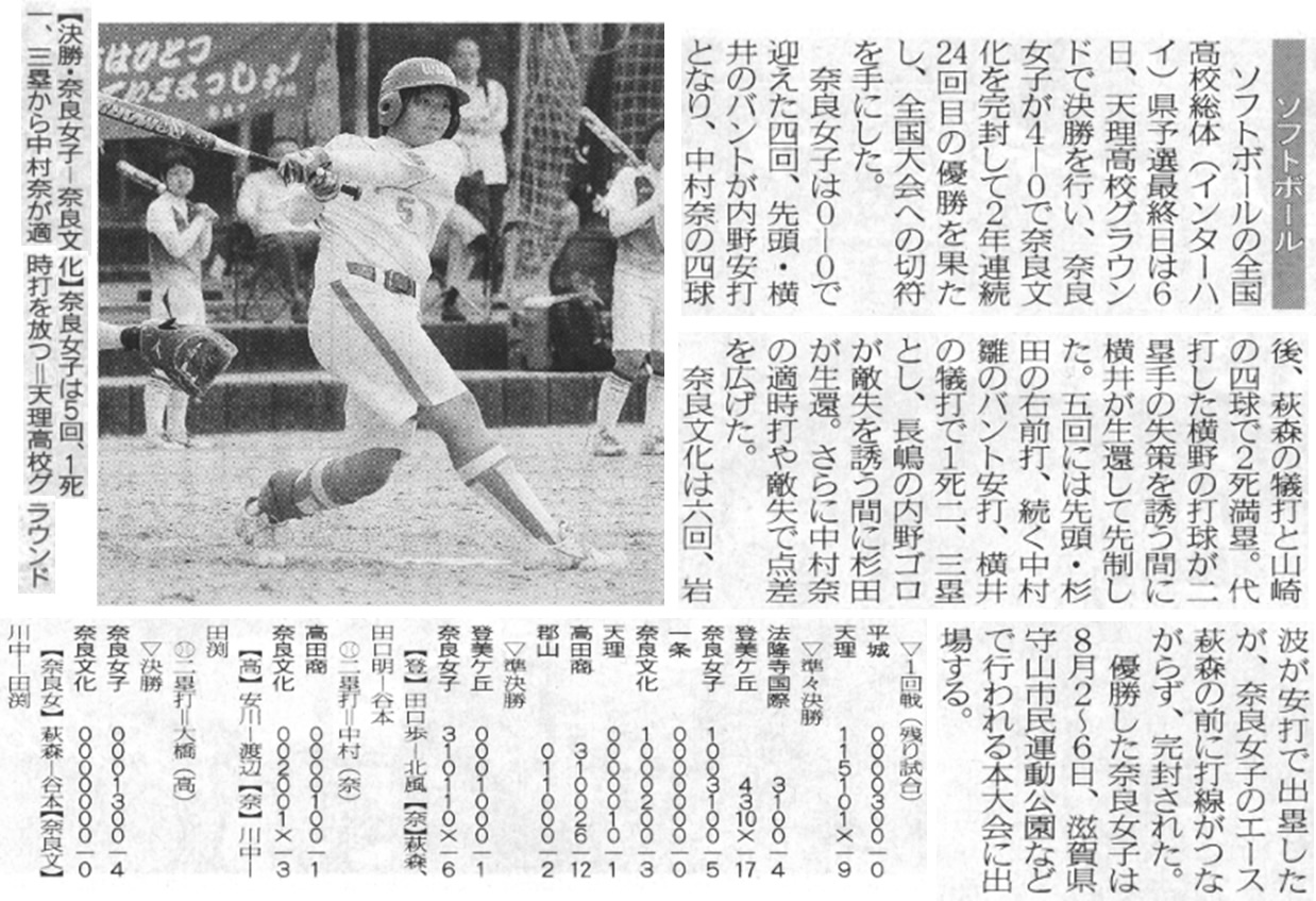 奈良新聞「ソフトボール全国高校総体県予選」