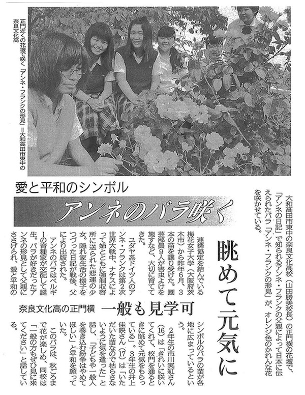 奈良新聞「愛と平和のシンボルアンネのバラ咲く」