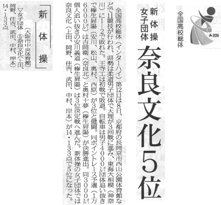 奈良新聞「新体操女子団体奈良文化５位」