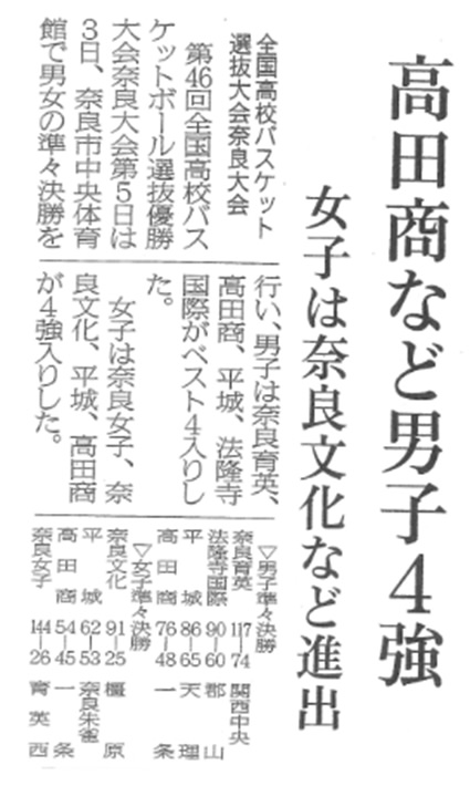 奈良新聞「高田商など男子4強　女子は奈良文化など進出」